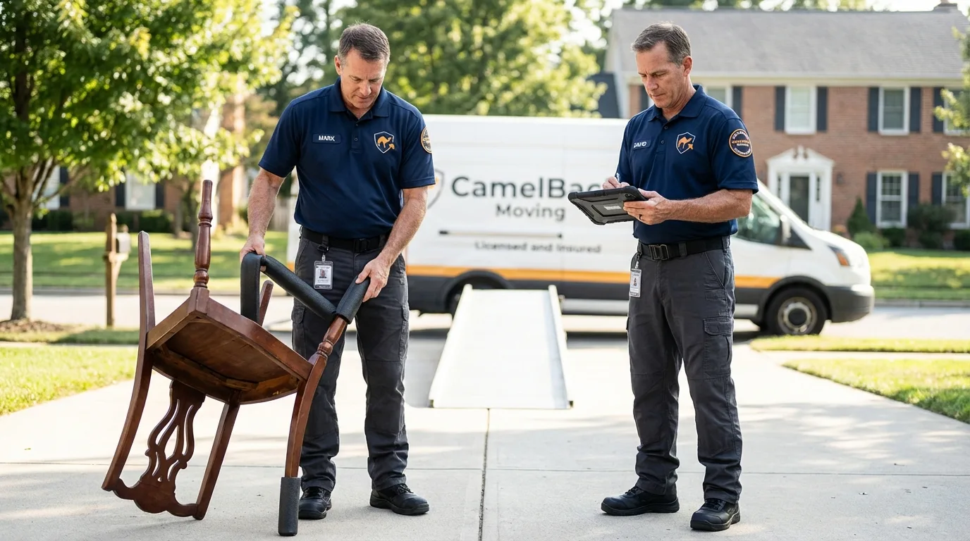Movers inspecting furniture for damage prevention before loading in Providence, KY